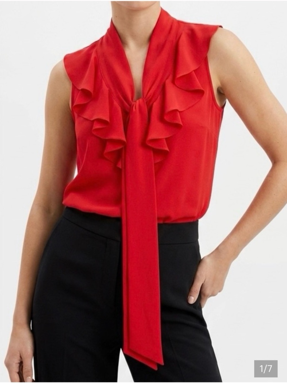 LOFT Red Ruffle Tie-Neck Sleeveless Top